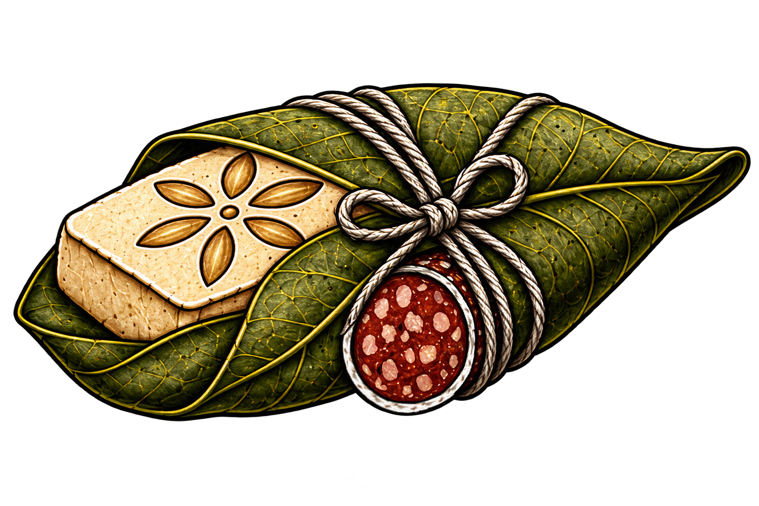 A piece of lembas, the elven waybread that looks like a thin, small cake baked light brown, and a piece of fuet, the catalan cured meat, both resting on a large, grey-green mallorn leaf about to be tied with silver string.